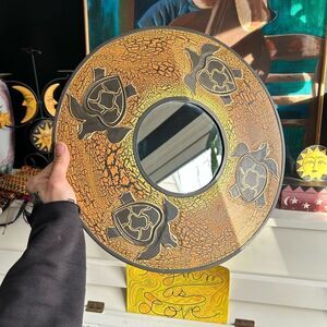 Vintage Crackled 15.75" Turtle Design Wall Mirror - Brown and Yellow Indonesia